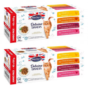 BUTCHER'S Delicious Dinners Jumbo Pack - mokra karma dla kota - 80x100g (2x(40x100g))