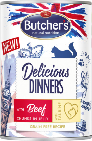 BUTCHER'S Delicious Dinners Kawałki z wołowiną w galaretce - mokra karma dla kota - 12x400g