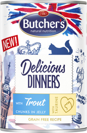 BUTCHER'S Delicious Dinners Kawałki z pstrągiem w galaretce - mokra karma dla kota - 12x400g