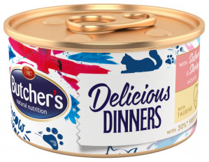 BUTCHER'S Delicious Dinners Cat - mokra karma dla kota z łososiem i krewetkami w formie musu - puszka 12x85g