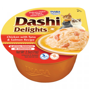  INABA Dashi Delights Kurczak z tuńczykiem i łososiem w bulionie - przysmak dla kota - 70g