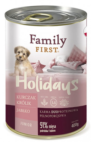 FAMILY FIRST Holidays Junior Kurczak, królik, jabłko - mokra karma dla psa - 400g