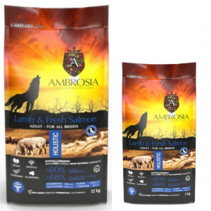 AMBROSIA Jagnięcina i Świeży Łosoś - sucha karma dla psa - 12kg + GRATIS!