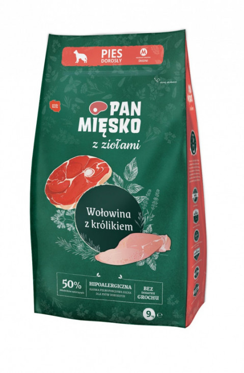 PAN MIĘSKO z ziołami Wołowina z królikiem M - sucha karma dla psa - 9kg