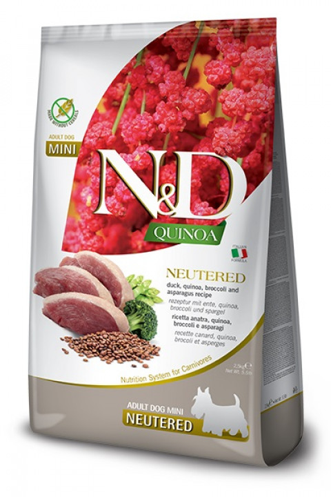 FARMINA N&D Quinoa Dog Duck, Broccoli, Asparagus Neutered Adult Mini - sucha karma dla psa - 2,5 kg