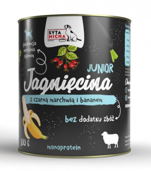 SYTA MICHA Junior Jagnięcina z czarną marchwią i bananem - mokra karma dla psa - 800 g