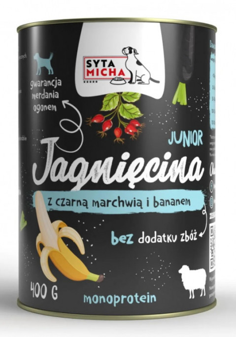 SYTA MICHA mokra karma dla szczeniąt jagnięcina z czarną marchwią i bananem 400g